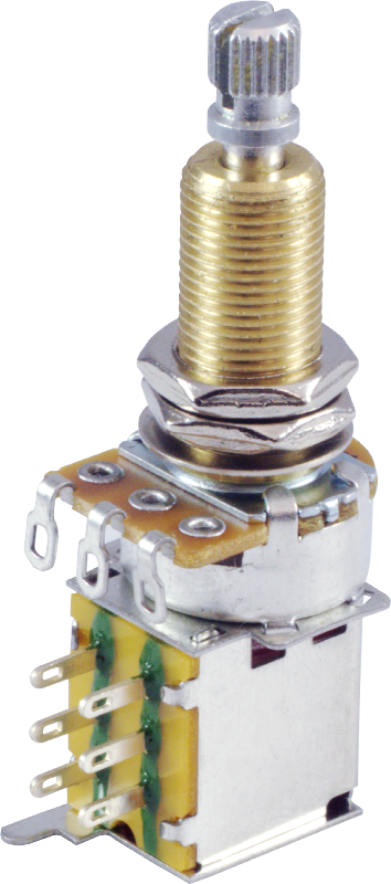 Potentiometer - 500kΩ, Linear, Knurled Shaft,LONG, DPDT, Push-Push