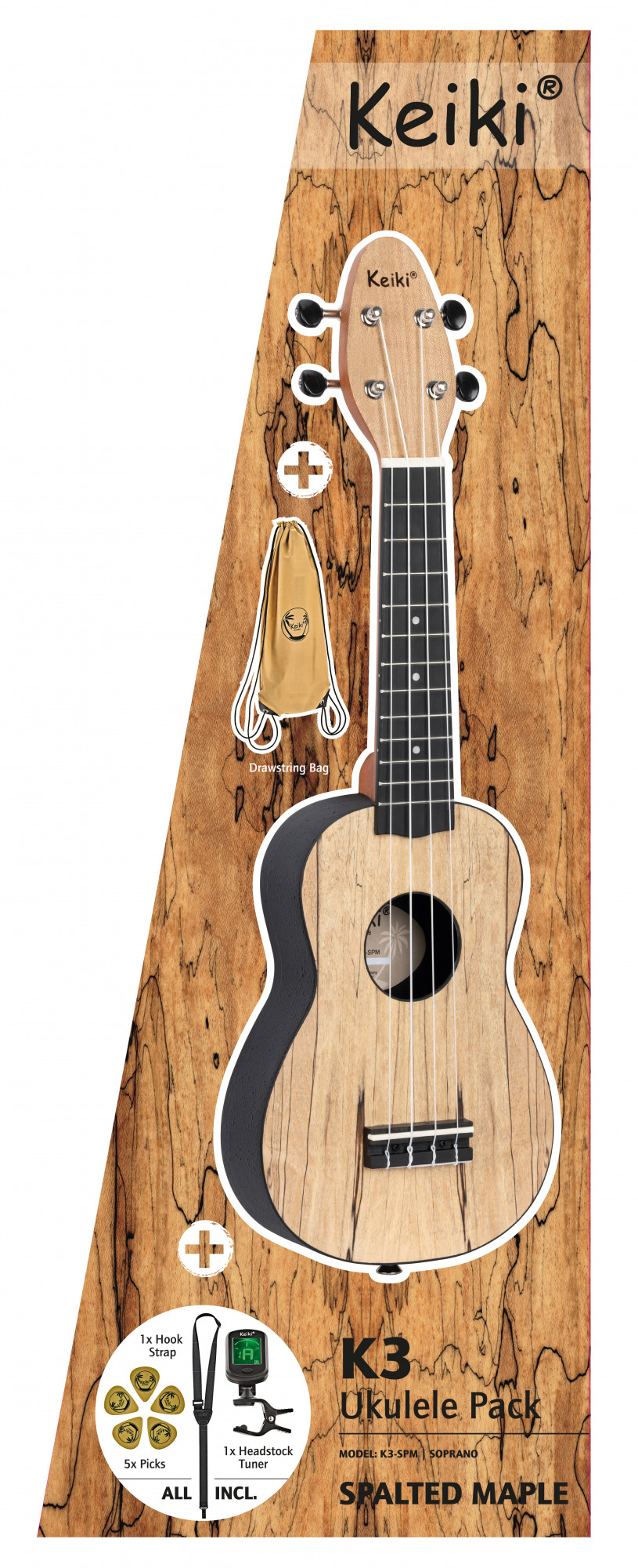 Ortega KEIKI K3 Series Ukulele Set "Spalted Maple" - m/poka ofl